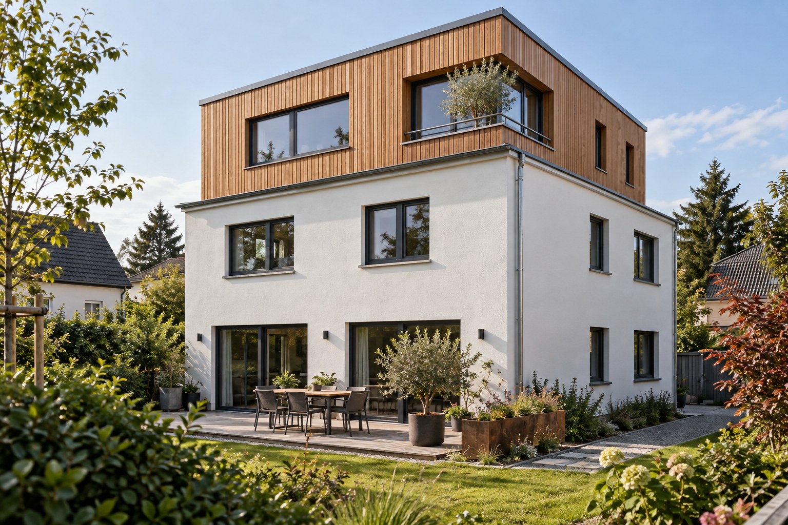 Wohngebäude mit einem modernen zusätzlichen Geschoss in Holzbauweise
