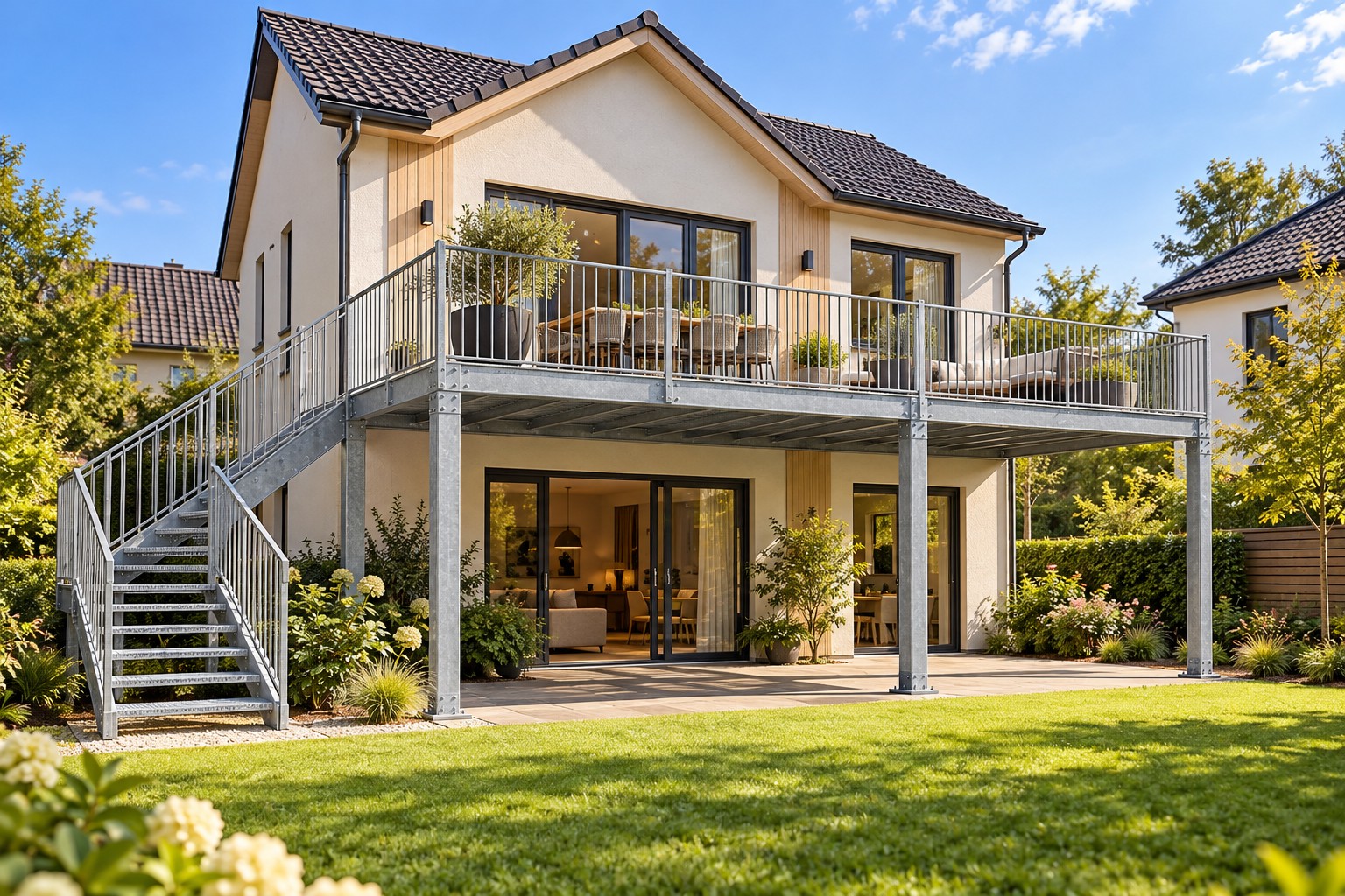 Stahlbühne mit Treppe im Garten vor einem neu gestalteten Wohnhaus